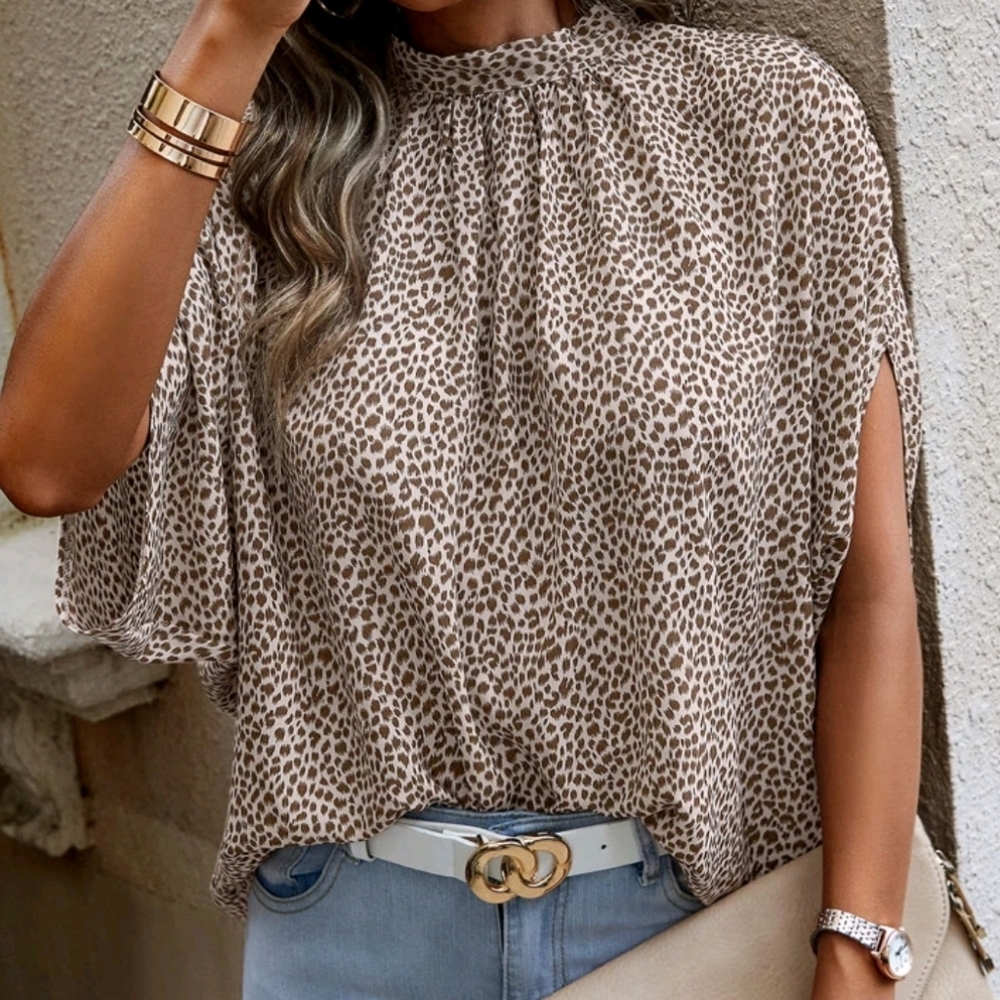New Luxe Flowy Dot Print Tie Dolman Sleeve Top Blouse Brown Tan Khaki Cream - Picture 3 of 8